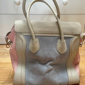 Italian Made Real Leather Tricolor Satchel Bag – Blue, Cream & Pink